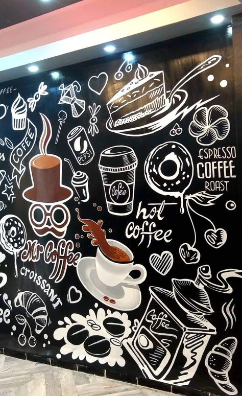 Cafe Wall Murals Coffee Shop, Coffee Mural Ideas, Coffee Bar Wall Art, Cafe Food Drawing, Mural Coffee Shop Wall Art, Bakery Wall Design, Tea Cafe Interior Ideas, Cafe Painting Ideas, Coffee Shop Wall Design