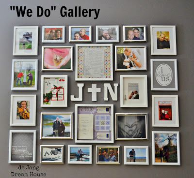 "We Do Gallery"-a wall of our memories as a couple. Couple Bedrooms, Walls With Pictures, Photo Arrangement, Gallery Wall Bedroom, Photograph Display, Bedroom Reveal, Bedroom Decor For Couples, Our Memories, White Frames