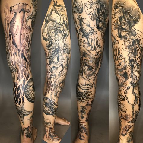 Themed Leg Sleeve Tattoo, Sea Tattoo Sleeve, Ocean Sleeve Tattoos, Animal Sleeve Tattoo, Skeleton Hand Tattoo, Back Of Shoulder Tattoo, Ocean Tattoos, Theme Tattoo, Leg Tattoos Women