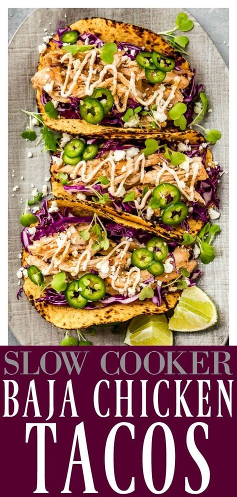 Slow Cooker Beer Braised Baja Chicken Tacos | A twist on the classic Baja fish tacos. Made with the ease of the crock pot this chicken is moist, tender and packed with flavor! Top it all off with crisp cabbage, spicy jalapeños and a creamy Baja sauce, these tacos are perfect for a weeknight dinners or entertaining! #slowcooker #crockpot #easy #baja #beer #braised #chicken #tacos #recipe via @nospoonn Baja Chicken Tacos, Baja Chicken, Beer Braised Chicken, Baja Sauce, Baja Fish Tacos, Slow Cooker Chicken Tacos, Beer Chicken, Chicken Tacos Crockpot, Chicken Taco Recipes