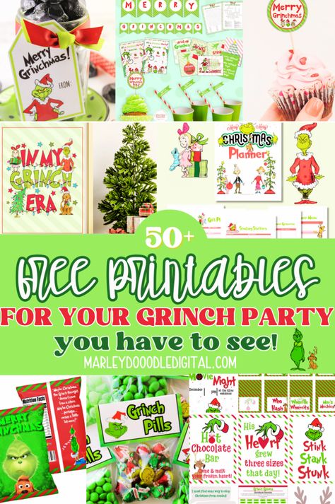 Deck the halls with 50+ free Grinch printables! From printable banners and party invitations to fun Grinch games and bag toppers, this collection will help you throw the best Grinch-themed Christmas party. Grinch Christmas Table Setting, Grinch Jepordy Game, Grinch Birthday Party Activities, Christmas Grinch Themes Ideas, Grinch Banner Free Printable, Grinch Christmas Printables, Grinch Party Printables Free, Grinch Scavenger Hunt Free Printable, Grinch On A Bench Ideas