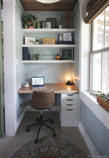 Small Office Space Organization, Small Second Bedroom Office Ideas, Half Closet Office Ideas, Very Small Home Office Ideas, Office Area In Bedroom Small Spaces, Accent Wall Behind Desk, Small Office Wallpaper, Tiny Home Office In Bedroom, Tiny Bedroom Office