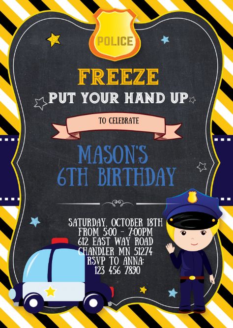 Police Birthday Invitations, Police Officer Birthday, Police Invitation, Police Birthday Party, Happy Birthday Poster, Police Party, Police Birthday, Police Support, Party Flyers