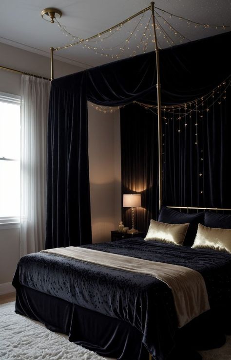 Sheer Black Curtains, Dark Fairycore Aesthetic, Velvet Curtains Bedroom, Twinkling String Lights, Bed Canopy With Lights, Canopy Bed Drapes, Black Canopy Bed, Brass Bedside, Bed Drapes