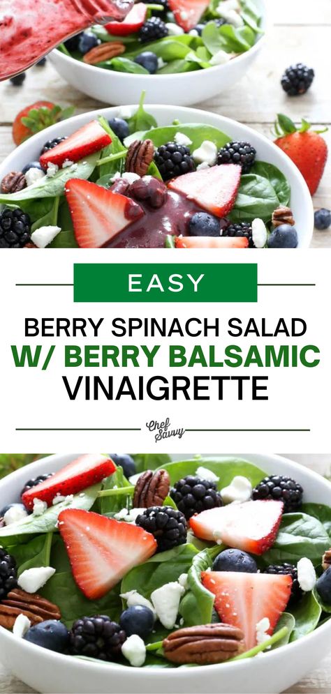 Save this Recipe for Easy Simple Berry Spinach Salad with Berry Balsamic Vinaigrette. Loaded with berries, pecans, and goat cheese. Takes less than 15 minutes to throw together and is perfect for lunch or dinner! Follow Chef Savvy for more summer recipes! Berry Spinach Salad, Balsamic Vinaigrette Salad, Maple Balsamic, Berry Salad, Low Calorie Dinners, Summer Recipes Dinner, Healthy Summer Recipes, Balsamic Vinaigrette, Chopped Salad