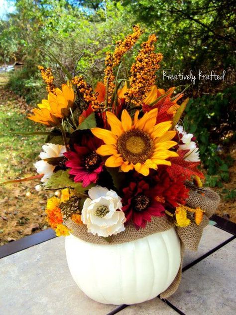 Autumn Flowers Pop Against White Base Florist Ideas, Sunflower Party, Pumpkin Arrangements, Fall White, Fall Flower Arrangements, Fall Floral Arrangements, Wedding Themes Fall, Fall Arrangements, Fall Deco