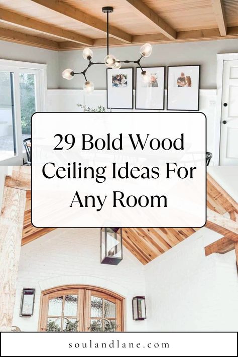 Transform your home's atmosphere with bold wood ceiling ideas that bring nature's canopy indoors, creating an impactful and inviting interior. Opt for exposed wooden beams that add architectural interest and rustic charm to any room, from the living area to the kitchen. Consider a coffered wood ceiling with rich, dark tones to add depth and elegance to formal spaces. For a modern twist, install sleek wooden panels in a herringbone pattern, offering a contemporary look with a warm, natural feel. Faux Wood Beam Ceiling Ideas, Black Beam White Ceiling, House With Wood Ceiling, Wrapped Wood Beams, Wooden Ceiling Ideas Living Rooms, Wood Ceiling Lighting Ideas, White Oak Wood Ceiling, Kitchen Wood Ceiling Ideas, Adding Wood To Ceiling