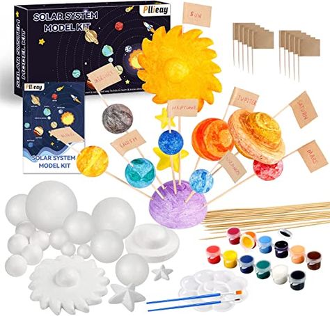 Amazon.com: Pllieay Solar System Model Foam Ball Kit Includes 14PCS Mixed Sized Polystyrene Spheres Balls, 12PCS Bamboo Sticks, 12 Color Pigments, 2PCS Painting Brushes for School Science Projects : Arts, Crafts & Sewing Planet Crafts, School Science Projects, Solar System Model, Solar System Projects, Space Themed Room, Homeschool Projects, Painting Brushes, Flag Painting, Small Flags