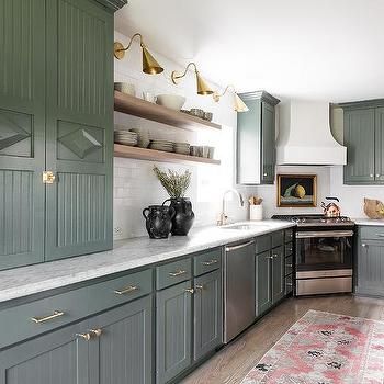 Green Kitchen with Corner Hood and Range - Cottage - Kitchen Sherwin Williams Green Cabinets Kitchen, Green Kitchenette, Gray Marble Countertops, Green Beadboard, Kitchen Beadboard, Downstairs Kitchen, Corner Stove, Olive Green Kitchen, Botanical Kitchen