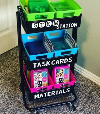 Such a beautiful STEM Bins cart from @abcsinroom123! 😍😍😍#stem #stembins #teachoutsidethebox #makersgonnamake #makerspace #classroomorganization Teacher Cart Ideas, Teacher Carts Organization, Utility Cart Ideas, Teacher Rolling Cart, Stem Station, Teacher Cart, Stem Bins, Stem Classes, Stem Lab