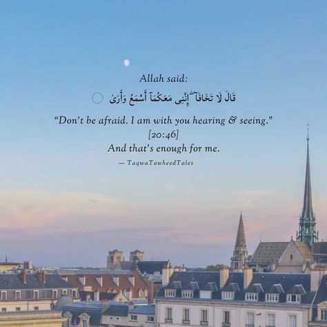 Fear Not, For I Am With You: In this verse from the Quran (20:46), there is a profound message of reassurance and guidance. It reminds us that even in moments of fear and uncertainty, we are not alone. The words 'Fear not' offer comfort, urging us to trust in a higher power that is always present, always watching over us. 'Indeed, I am with you both; I hear and I see,' reinforces the idea of divine protection and attentiveness. It's a reminder that our concerns are heard and seen by a compass... Quran Verses Comfort, 20:46 Quran, Verses From Quran, Quran Quotes Strength, Verses From The Quran, Quran Sayings, Islam Knowledge, When Someone Hurts You, Guidance Quotes