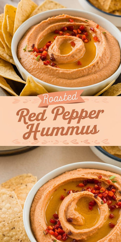 Elevate your snack game with Roasted Red Pepper Hummus! A smooth, savory blend of chickpeas and roasted peppers, perfect for dipping pita, crackers, or fresh veggies for a satisfying treat. Roasted Red Pepper Hummus Recipe, Red Pepper Hummus Recipe, Pita Crackers, Red Pepper Recipes, Roasted Red Pepper Dip, Pepper Hummus, Roasted Red Pepper Hummus, Red Pepper Hummus, Game Snacks