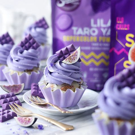 Taro Cupcakes, Galaxy Frosting, Fig Cupcakes, Flower Frosting, Lavender Frosting, Lavender Birthday, Daisy Cupcakes, Vegetable Chips, Delicious Deserts