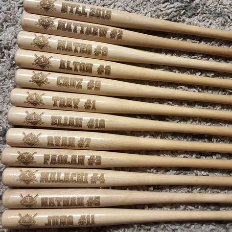 So excited to give these to the boys at the end of the season, We've been wanting to get these done since we got them two months back..… Wood Bat, Wood Cake Topper, Baseball Bats, Custom Cake Toppers, Team Gifts, End Of The Year, Name Logo, Personalized Custom, Baseball Bat