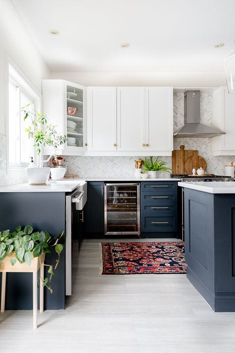 Dark Blue Bottom Kitchen Cabinets, Small Kitchen Transitional Style, Kitchen Blue Bottom Cabinets, Ink Blue Kitchen Cabinets, Dark And White Cabinets Kitchen, Navy White And Natural Wood Kitchen, Ikea Kitchen 10x10, Dark Blue Kitchen Cabinets Wood Counter, Dark Blue White Kitchen