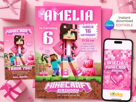 Editable Girls Minecraft Birthday Invitation, Minecrafter girl birthday invitation, Gamer invitation, Minecraft Birthday party invitation Pink Minecraft Party, Girl Minecraft Party, Minecraft Party Ideas, Minecraft Birthday Invitations, Minecraft Birthday Party, Minecraft Birthday, Minecraft Party, Confetti Party, Birthday Invitations Girl