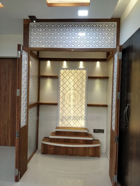 Modern Puja Mandir Design, Pooja Room Steps Design, Corian Mandir Design With Door, Acrylic Mandir Design, Acrylic Mandir, Devghar Design, Tv Unit Design Modern Living, Mandir Design Puja Room, Puja Room Design Indian