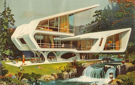 Vintage Futurism Architecture, Futuristic House Design Exterior, Retro Futuristic House, Futuristic House Exterior, Retro Future Aesthetic, Retro Exterior, Retro Futuristic Design, Futurism Architecture, Retro Futuristic Interior