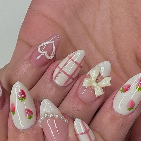 Rachel Le on Instagram: "Sweet like a strawberry shortcake 🍓🍰💕   @apresnailofficial almond Short  Inspo: @bunnymei.nails" Gel X Oval Nails, Celebrity Nail Designs, Strawberry Nails Ideas, Girlish Nail Art, Croquette Nails Almond, Nails Strawberry Shortcake, Short Acrylic Nails Coquette, Short Nail Designs Strawberry, Short Nail Cute Designs