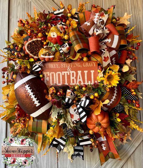 Fall Wreath, Wreath, Seasonal Home Decor, Home Decor, Front Door Wreath, Showstopperdesigns, ShowStopper Designs, Interior Decor, Interior Design, Door Decorating, Football Decor, Football Wreath, Thanksgiving Decor, Turkey Decor, Holiday Decor Football Wreath Diy, Fall Football Wreath, Fall Door Wreath, Thanksgiving Football, Designer Board, Sports Wreaths, Custom Wreath, Football Wreath, Tree Custom