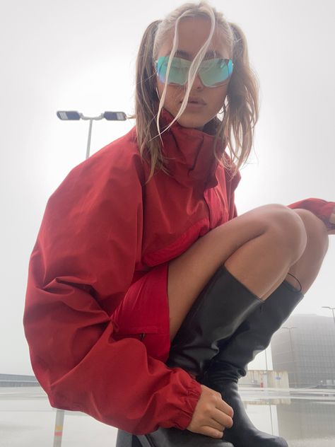 Raincoat Aesthetic Outfit, Red Outer Outfit, Red Raincoat Outfit, Red Rain Jacket Outfit, Windbreaker Outfit Aesthetic, Red Windbreaker Outfit, Rain Jacket Outfit Aesthetic, Mha Fashion, Rain Jacket Aesthetic