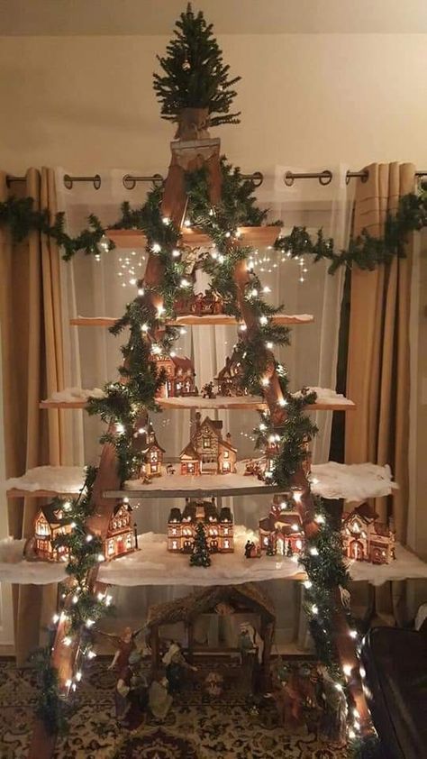 Outdoor Christmas Ladders Ideas, Ladder Tree Christmas, Christmas Tree Ladder Ideas, Christmas Tree Shelves, Christmas Village Ladder, Christmas Tree Ladder, Christmas Village Display Tree, Tree Ladder, Christmas Tree Shelf