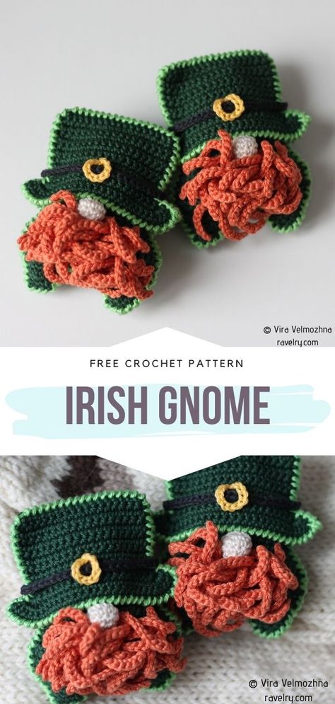 St. Patrick`s Amigurumi - Ideas and Free Crochet Patterns Crochet Wreaths, Crochet Cup Coaster, Irish Gnome, Lucky Leprechaun, St Patties, Small Bunny, Crochet Feather, St Patricks Crafts, Cup Cozies