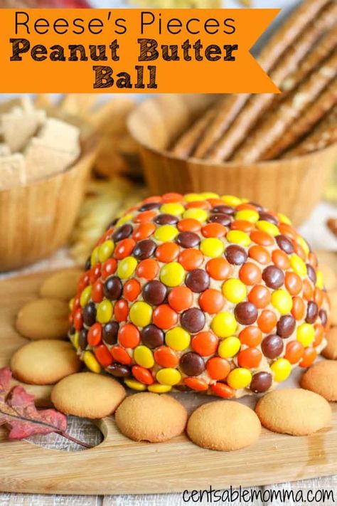 Create a fun, fall treat when you make this Reese's Pieces Peanut Butter Ball recipe. Made with cream cheese and peanut butter (as well as Reese's peanut butter cups...yum!), it's sure to delight the peanut butter lovers in your house. #recipes #reeses #peanutbutter #fall #tailgating Cream Cheese And Peanut Butter, Peanut Butter Ball Recipe, Peanut Butter Ball, Dessert Cheese Ball, Fun Fall Treats, Cheesecake Fruit, Butter Bites, Cream Cheese Ball, Peanut Butter Balls Recipe