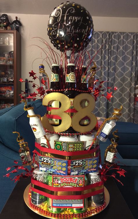 Beer Cake Tower For Men, 30th Birthday Gift Baskets, Diy Beer Cake, Beer Cake Tower, Diy 21st Birthday Gifts, Beer Can Cakes, Booze Gift, Beer Crafts, Birthday Beer Cake