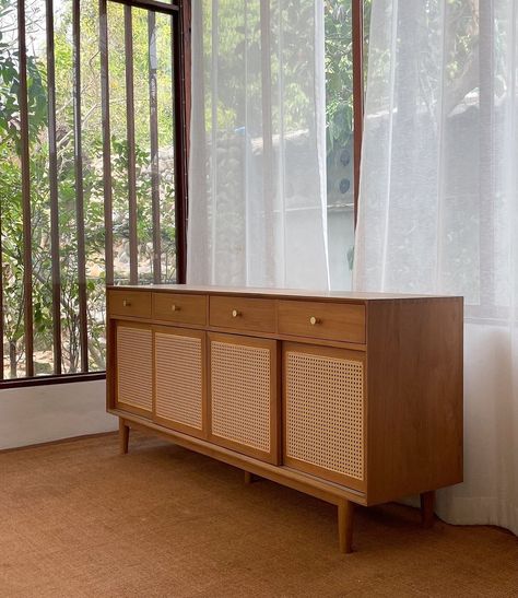 Teak wood sideboard with rattan : Sideboard cabinet ready to send. Beautiful, rectangular design. Comes with 4 drawers and a large opening to close. Simple cabinet japandi style can add cozy and lovely to the area in the house. • Material: Teak wood • Dimension : 180x45xH80 cm. For moving, we suggest lifting. No dragging. (Products do not need to be assembled) The benefits we offer to clients 1. Free design assistance 2. High quality production and legal materials 3. We offer internation... Simple Cabinet, Rattan Sideboard, Japandi Style, Wood Sideboard, Sideboard Cabinet, Aesthetic Bedroom, Wood Cabinets, Teak Wood, Wood Veneer