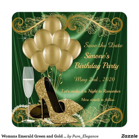 Womans Emerald Green and Gold Birthday Party Glam Invitation Green And Gold Birthday Party, Green And Gold Birthday, Glam Invitation, Emerald Green And Gold, 50th Birthday Party Invitations, Halloween Birthday Invitations, 21st Party, 21st Birthday Invitations, 60th Birthday Invitations