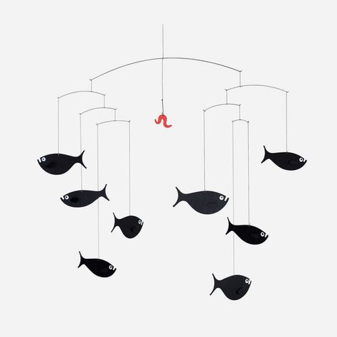 Scandinavian Design | Flensted Mobiles Fish Mobile, Shoal Of Fish, Red Worms, Mobile Art, Kinetic Art, Kinetic Sculpture, Hanging Mobile, Fish Swimming, Nursery Mobile