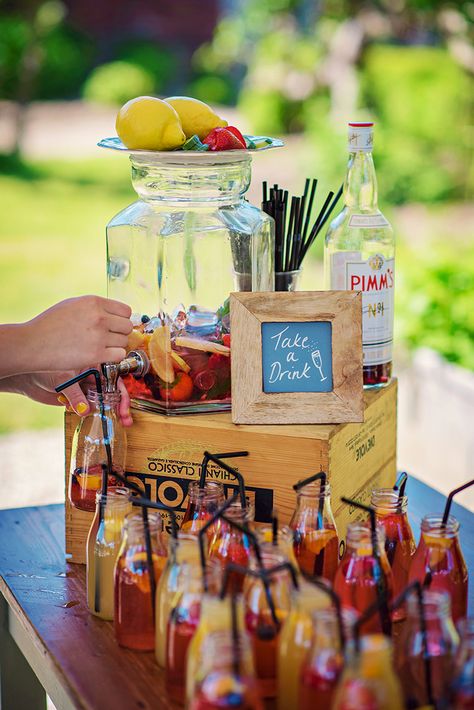 Pimms Bar, Wedding Drinks Station, Wedding Reception Cocktail Tables, Reception Cocktail Tables, Cocktail Stand, Wedding Cocktails Recipes, Summer Wedding Food, Wimbledon Party, Drinks Station