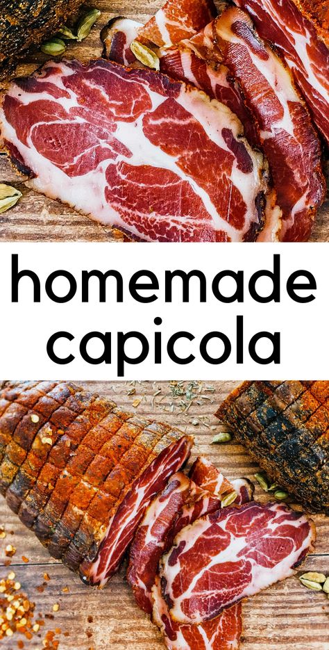 Homemade capicola is easy to make at home. It's made from the coppa muscle of a pig and once cured and dried the results are buttery and decadent! #charcuterie #capicola #curedmeats #jaxxalicious via @jaxxdrinkwater Cured Meat Recipes, Raw Pork, Homemade Sausage Recipes, Smoked Meat Recipes, Charcuterie Inspiration, Homemade Sausage, Charcuterie Recipes, Lunch Meat, Meat Grinder