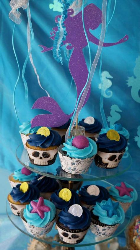 Pirates and Mermaids Birthday Party Ideas | Photo 1 of 43 | Catch My Party Pirate And Mermaid Birthday Party, Mermaids And Pirates Party, Mermaid And Pirate Birthday Party Decor, Mermaid Pirate Cupcakes, Mermaid And Pirate Cupcakes, Toddler Birthday Party Themes, Mermaid Pirate Party, Mermaid Birthday Party Decorations, Bday Party Kids