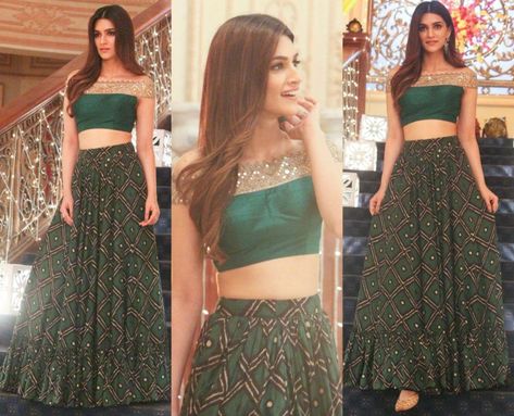 Kriti Sanon was spotted promoting her movie Bareilly Ki Barfi in a long skirt and an off shoulder crop top by Arpita Mehta. Crop Top Wedding Dress Indian, Skirt And Crop Top Indian, Crop Top Indian, Indian Crop Tops, Long Skirt And Top, Skirt And Crop Top, Indian Skirt, Lehenga Blouse Designs, Long Skirt Outfits