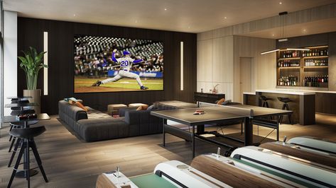 Virtual Golf, Luxury Game Room, Golf Simulator, Home Cinema Room, Game Room Bar, Chicago Apartment, Flat Screen Tv, Home Theater Rooms, Cinema Room