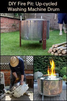 Washing Drum Fire Pit, Fire Pit From Washing Machine Drum, Fire Pit Washing Machine Drum, Washing Machine Tub Fire Pit, Washing Machine Fire Pit Drums, Washing Machine Fire Pit, Washer Drum Fire Pit Diy, Old Washing Machine Ideas, Washing Machine Drum Fire Pit