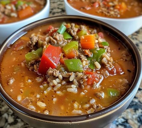 Stuffed Bell Peppers Soup, Stuffed Bell Pepper Soup, Stuffed Bell Pepper, Bell Pepper Soup, Rice Stuffing, Soup With Ground Beef, Beef Rice, Stuffed Pepper, Pepper Soup