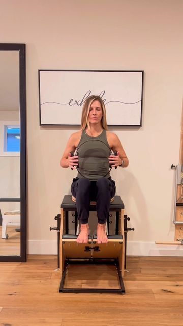 Bonnie Zeitner | Pilates Instructor on Instagram: "// core strength // Wunda chair footwork, with a “twist.” Digging deep into those spinal stabilizers while using a rotational disc under the hips 😮‍💨 I’m trying VERY hard to avoid many movement as I transition foot placement, and as I rotate the spine 🙌 Sometimes the hard workouts are also the seemingly simple ones. I definitely broke a sweat for these moves 😳 What’s your favorite way to use rotational discs? Happy Wunda Chair Wednesday y’all! 🤍B . . . #pilates #pilateschair #wundachair #pilatesworkout #coreworkout #coretraining #fullbodyworkout #stabilitychair #mindfulmovement #pilateseveryday #ilovepilates #magiccircle #wednesdayworkout #pilatescommunity #pilatesprops #pilatesinstructor #pilatesreels" Pilates Spine Corrector Workout, Pilates Chair Exercises, Wunda Chair Pilates, Chair Pilates, Functional Full-length Bottoms For Pilates, Wunda Chair, Basic Pilates Moves, Reformer Pilates Machine, Pilates Machine