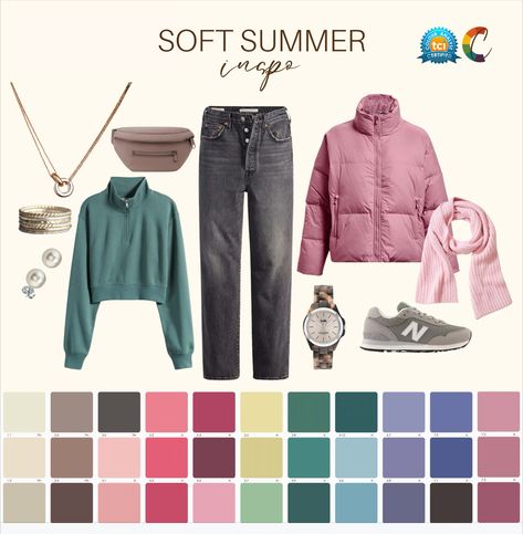 Sweet Pea Summer Color Palette Outfits, Soft Summer Office Wardrobe, Soft Summer Accessories, Light Summer Vs Soft Summer, House Of Color Summer, Soft Summer Palette Outfits, Soft Summer Winter Outfits, Soft Summer Capsule Wardrobe, Soft Summer Color Palette Outfits