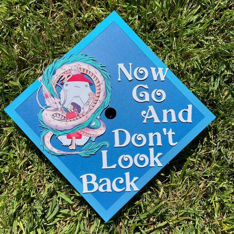 Spirited Away Cap 🐉✨💙 DM to order today💌 #gradcap #gradcapdesigns #classof2024 #spiritedaway #graduation Creative Graduation Caps, Graduation Cap Decoration Diy, High School Graduation Cap, Education Major, Grad Hat, Grad Cap Designs, Cap Decoration, Graduation Cap Designs, Graduation Cap Decoration