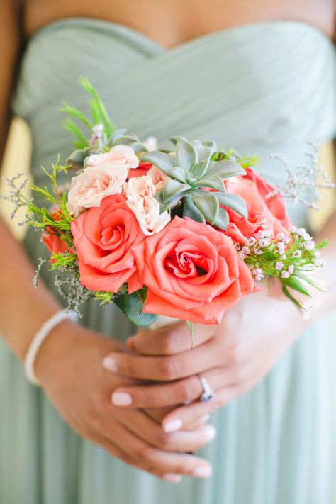 Puerto Vallarta Wedding, Coral Bridesmaid, Coral Wedding, Mint Wedding, Bride Bouquets, Green Wedding, Bridesmaid Bouquet, Style Me Pretty, Bridal Bouquet