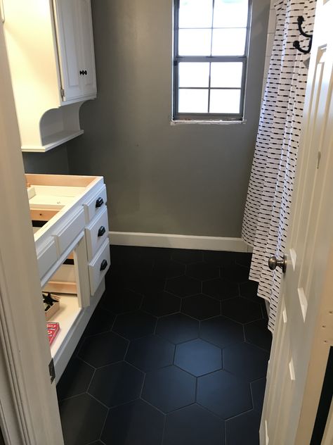 Black Hexagon Tile With Black Grout, Black Honey Comb Bathroom Tile, Black Octagon Tile Bathroom, Black Tile Hexagon, Black Hexagon Bathroom Floor, Modern Farm Bathroom, Black Hexagon Bathroom, Black Hexagon Tile Bathroom Floor, Octagon Tile Bathroom