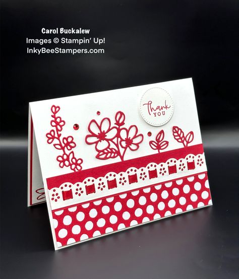 Stampin’ Up! Darling Details Thank You Card in Red & White – Inky Bee Stampers Stampin Up Darling Details Cards, Darling Details Stampin Up Cards, Stampin Up Darling Details, Wanted To Say Dies, Plant Cards, Stampin Up 2023, Lone Pine, Fancy Fold Cards, Die Cut Cards