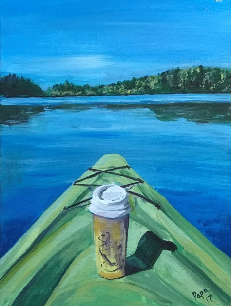 Canoe Painting Acrylic, Paint Kayak, Kayak Painting Acrylic, Paddle Board Painting, Canoe Painting Ideas, Granola Painting Ideas, Camping Painting Ideas, Camping Painting Easy, Advanced Paintings