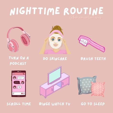 Night Routine Aesthetic List, Aesthetic Night Routine List, Kawaii Night Routine, Self-care Routine List, Nightly Self Care Routine, Make A Routine, Healthy Period, Time Routine, Nighttime Routine