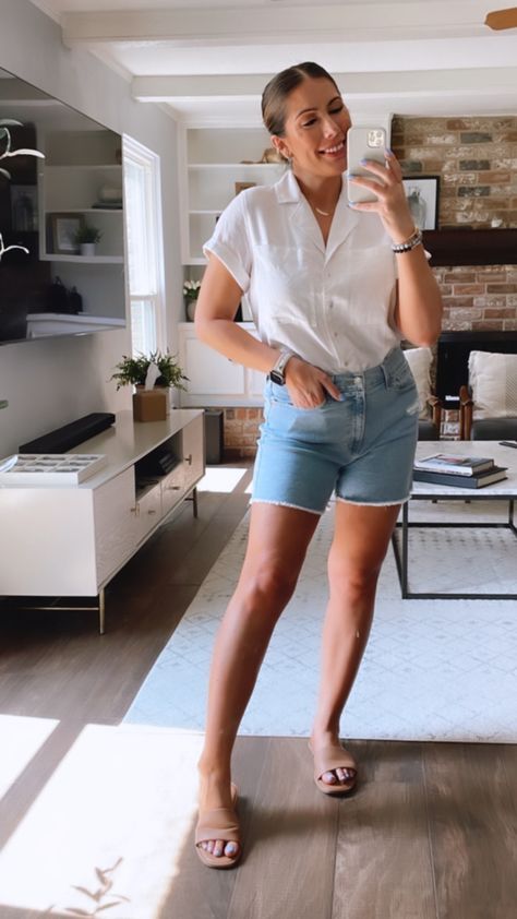 Summer Outfit Ideas Target Linen Set Womens, Gap Linen Shirt With Relaxed Fit, Gap Linen Summer Shirt, Gap Casual Linen Tops, Tan Slides, Target Sandals, Target Shorts, Target Top, Target Shirt