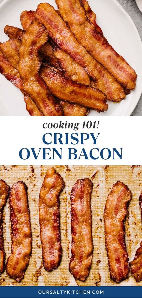 When you want crispy bacon and your kids want crispy bacon and your neighbor wants crispy bacon, look to your oven. Oven baked bacon is crispy and quick, with easy clean-up, less splatter, and generous serving sizes. When you want to cook bacon for a crowd, you need to learn how to cook bacon in the oven! We've got every tip needed to cook the best bacon ever in the oven, in under 30 minutes. #howtocook #bacon #baconrecipes #baconintheoven Oven Bacon Recipes, Bacon Cooked In The Oven, Bacon In Oven Recipe, Best Bacon In Oven, Bacon In The Oven How To Make, Best Oven Bacon, How To Bake Bacon In The Oven, Perfect Bacon In Oven, Oven Bake Bacon