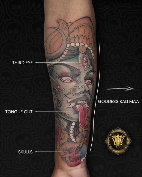 This Goddess Kali Maa tattoo is all about power and transformation. A symbol of fearlessness and divine energy. 🙌✨ #kalimaatattoo #tattooinspiration #spiritualtattoo #DivineStrength #TattooArt #goddesstattoo #transformationtattoo #exploremore #tattooculture #tattooideas Kali Maa Tattoo, Maa Kali Tattoo, Goddess Kali Tattoo, Maa Tattoo, Kali Tattoo, Ma Tattoo, Kali Maa, Kali Ma, Goddess Kali